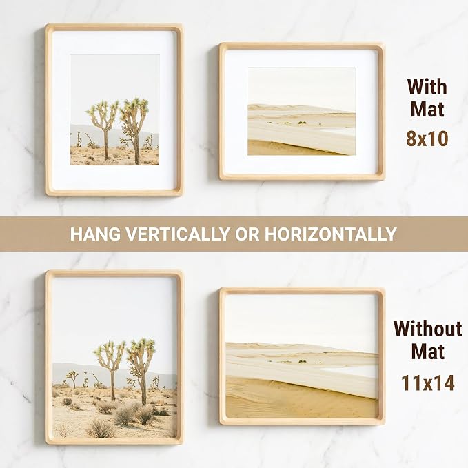 11x14 Picture Frame, USA-Sourced Maple Wood Photo Frame with HD Tempered Glass, Handcrafted Rounded Corner 11 x 14 Wooden Frames Matted to 8x10 Photos, Horizontal or Vertical Wall Display, 2 Pack