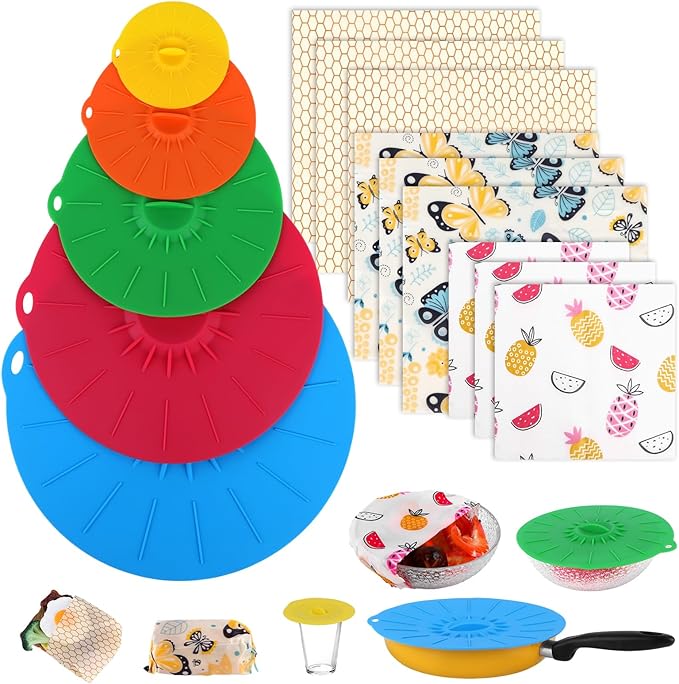Reusable Beeswax Food Wraps (9 Pack) & Silicone Lids Microwave Splatter Cover (5 Pack), 2-in-1 Kitchen Food Wrap Set – Organic, Heat-Resistant, Eco-Friendly, Plastic-Free Food Storage & Covers