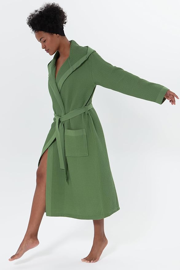 SEYANTE Women's Organic Cotton Waffle Kimono, Hooded Robe – GOTS Certified Lightweight Full-Length Spa Bathrobe with Piping
