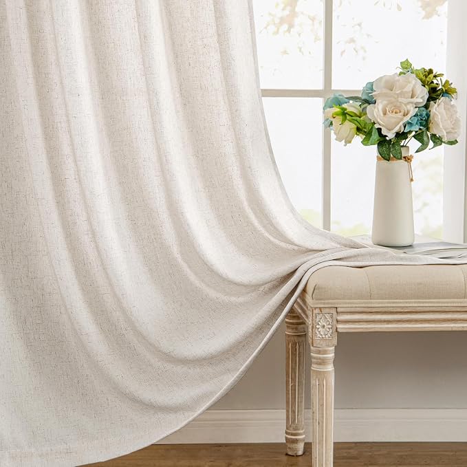 MIULEE Non-See-Through Privacy Linen Curtains 2 Panels, Light Filtering Window Curtains Farnhouse Textured Back Tab Semi Sheer Drapes for Bedroom Living Room, 52 x 72 Inches Long, White