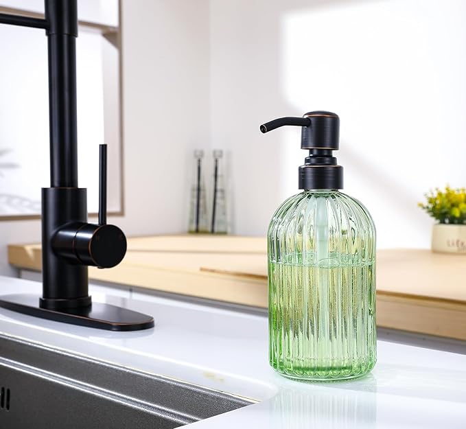 16Oz Green Glass Soap Dispenser with Rust Proof Bronze Stainless Steel Pump, Green Countertop Refillable Liquid Lotion Dispensers with Stainless Steel Pump, Oil Rubbed Bronze Soap Dispenser,2 Packs