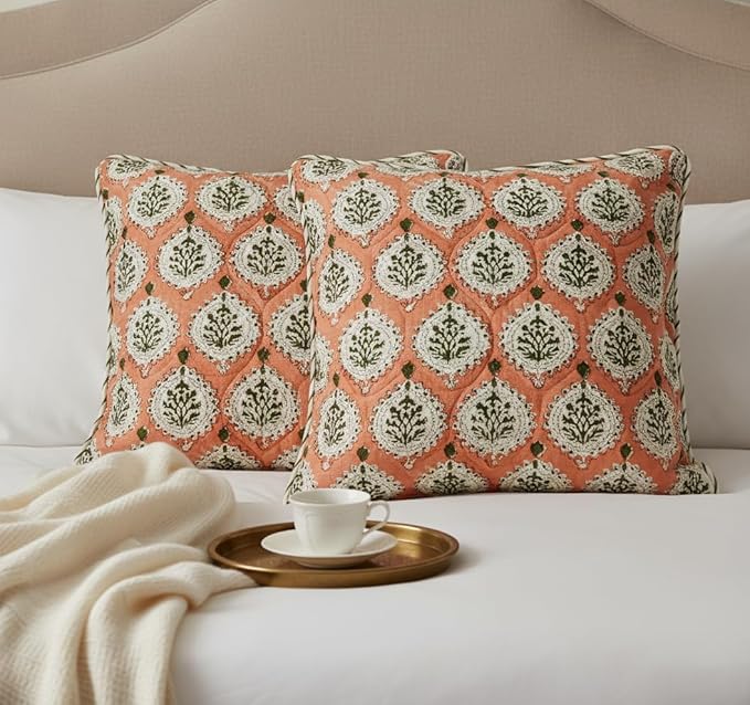 ATOSII Block Print Throw Pillow Covers, 18" X 18" - Set of 2, Decorative Couch Pillows for Living Room Bed Sofa, 100% Cotton Canvas Pillow Case for Home Decor & Outdoors, Preppy Throws - Kari