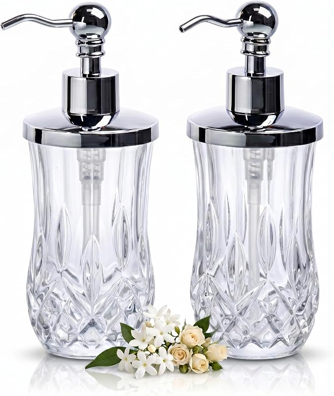 2 Pack 9 Oz Glass Soap Dispenser with Rust Proof Stainless Steel Pump,Clear Round Textured Refillable Hand Soap Dispenser with Vertical Fluting for Lotion,Hand Soap or Body Wash for Kitchen & Bathroom