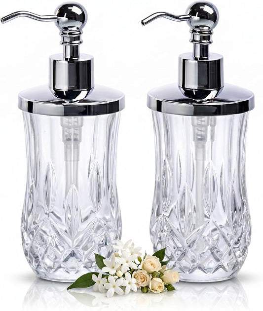 2 Pack 9 Oz Glass Soap Dispenser with Rust Proof Stainless Steel Pump,Clear Round Textured Refillable Hand Soap Dispenser with Vertical Fluting for Lotion,Hand Soap or Body Wash for Kitchen & Bathroom
