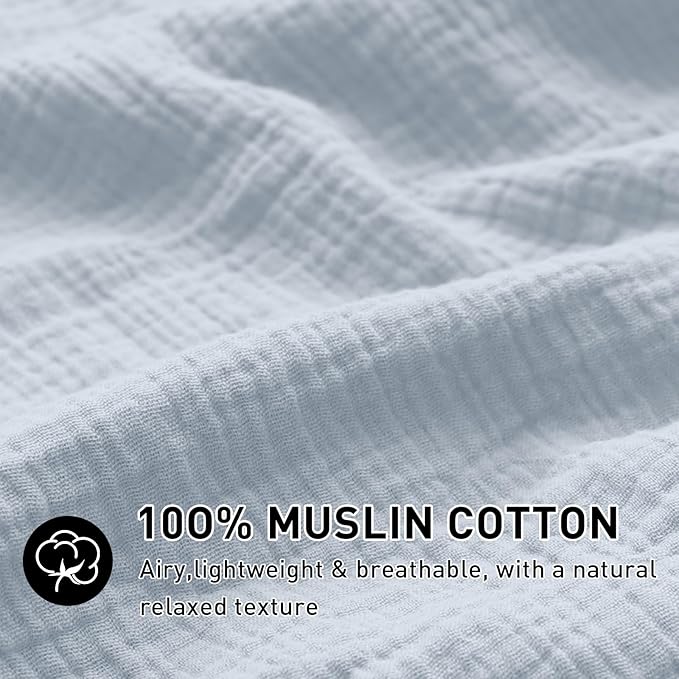 EMME Muslin Cotton Duvet Cover Set Blue King Size Linen Like Soft Breathable Lightweight Summer Comforter Cover Set with Zipper Closure (Blue, King, 104"x90")