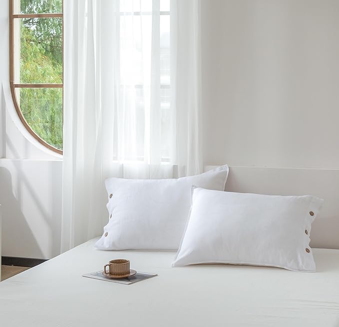 EVERLY 100% Linen Pillowcases Set of 2, French Linen from Normandy, 20X36Inch Standard Size, Natural Color, Coconut Buttons Closure, Flax Pillowshams-Pillowcase-White