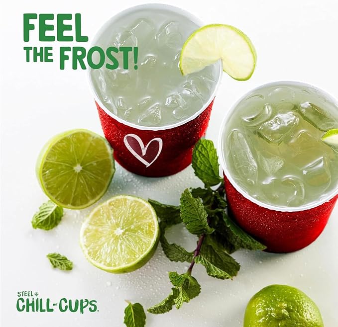 Steel Chill Cups 16 oz. Party Cup Love Heart Design for Cold Drinks, Durable, Disposable, Recyclable, Made in USA, Red, 12 Count
