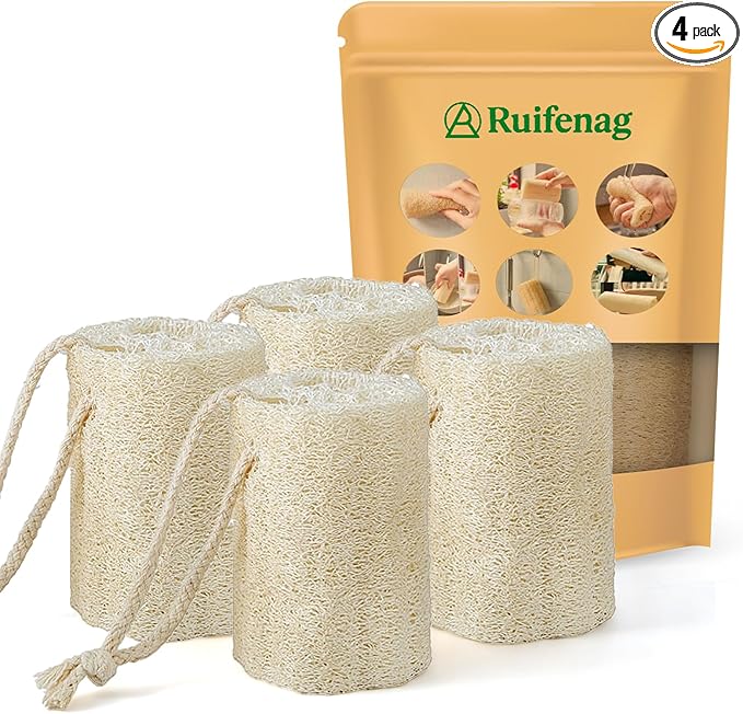 Natural Loofah Sponges – 4 Pack for Shower & Bath – Eco-Friendly Exfoliation, Body Scrubber,wash the Dishes, & Pet Grooming – Biodegradable, Chemical-Free