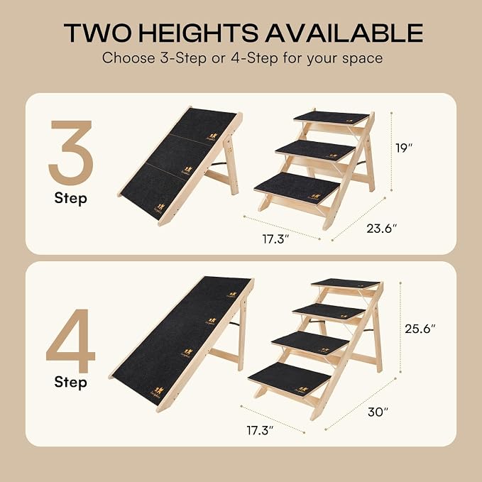 Luciphia Wooden 2-in-1 Dog Stairs, 4-Step Foldable Anti-Slip Pet Steps