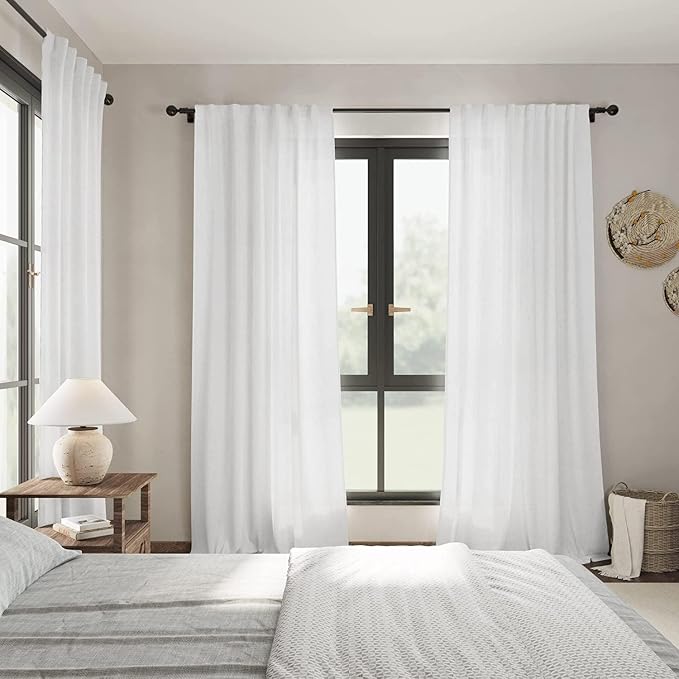 Nanspring White Linen Curtains 2 Panels Set for Living Room 110 Inches Long Extra Long Back Tab Curtains Farmhouse Light Filtering Semi Sheer Linen Drapes Ceiling to Floor for Large Window 52x110