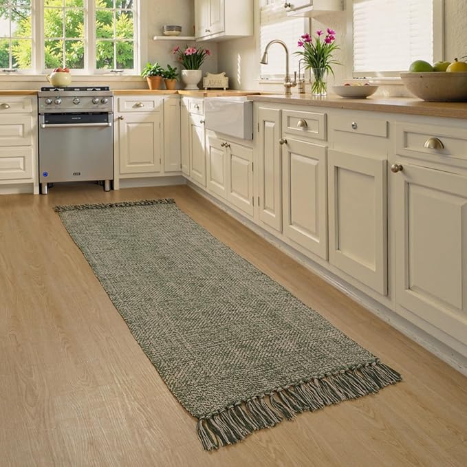 Collive 2x6 Hallway Runner Rug, Hand-Woven Washable Reversible Entryway Runner Rug, Natural/Green Cotton Farmhouse Laundry Room Rug Modern Long Carpet for Bedroom Bathroom Sink Foyer