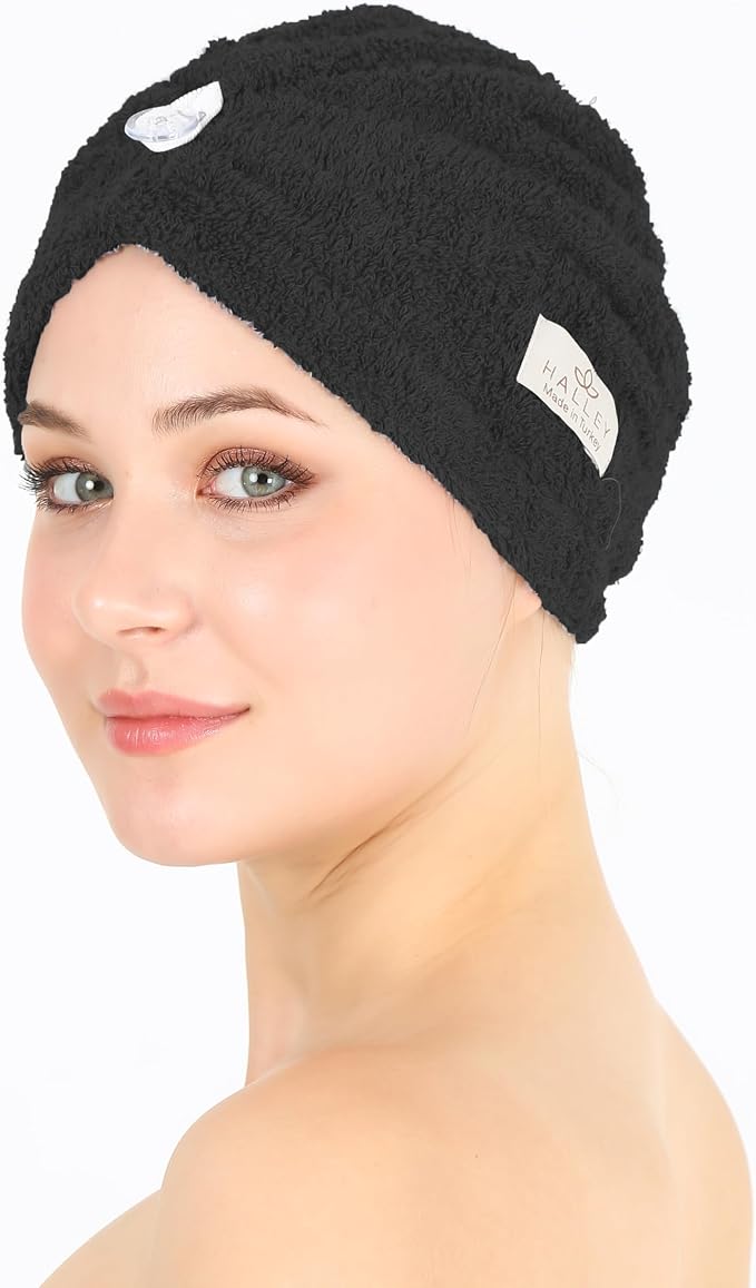 HALLEY Cotton Hair Towel Wrap (3 Packs) Super Absorbent Fast Drying Hair Towel for Thick Hair Turbans for Wet Hair with Button (Black, White, Blue)