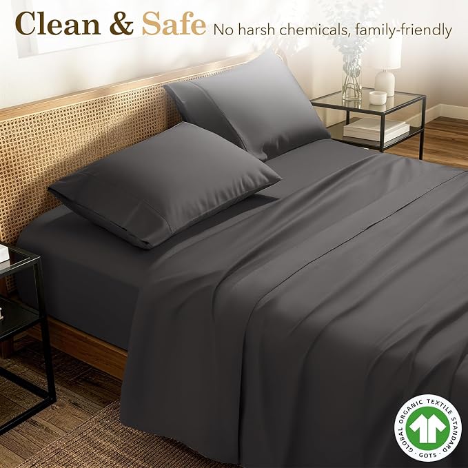 SONORO KATE 100% Organic Cotton Sheets Set - 600 Thread Count, GOTS Certified Cotton Bed Sheets, Soft, Breathable & Silky Sateen Weave Sheets, 16" Deep Pockets - 4 PC (Dark Grey,King)