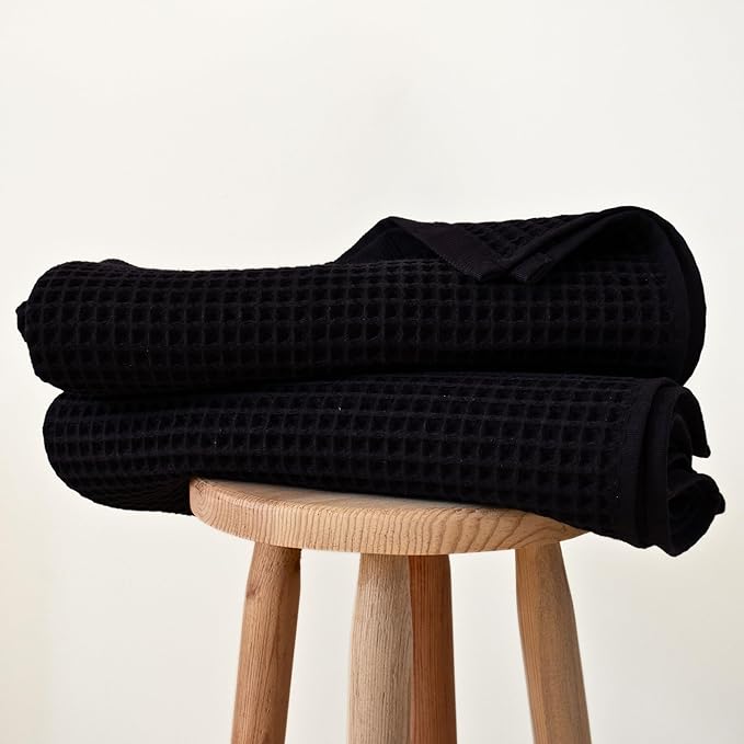 Püskül Waffle Bath Towels for Bathroom, Premium 100% Turkish Organic Cotton, 32x63 Inches, Pack of 2 (Black)