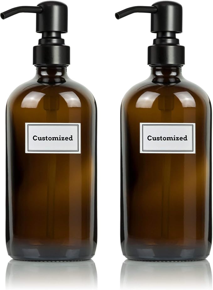 Glass Bottles With Black Satin Stainless Steel Pumps and Customized Waterproof Labels, 16 oz Boston Round, Amber