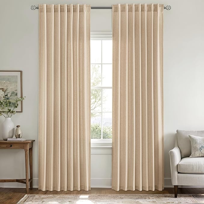 MIULEE Non-See-Through Privacy Linen Curtains 2 Panels, Light Filtering Window Curtains Farnhouse Textured Back Tab Semi Sheer Drapes for Bedroom Living Room, 52 x 72 Inches Long, Light Brown