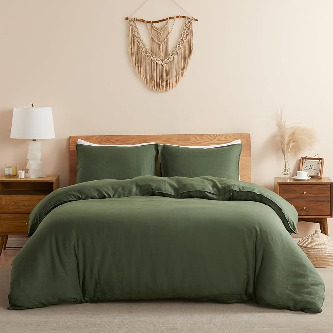 DAPU 100% Linen Olive Green Duvet Cover Set, Pure Natural French Flax Linen with Corner Ties and Zipper Closure Soft Breathable Durable for Hot Sleepers 1 Duvet Cover 2 Pillowcases (Queen)