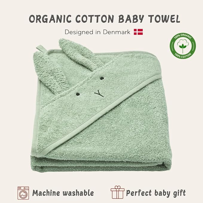 Hooded Baby Towel – 100% Organic Cotton Baby Bath Towels – Baby Boy Newborn Essentials - Super-Soft and Absorbent. (Rabbit - Roman Green)