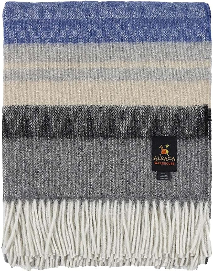 Alpaca Wool Blanket Throw Cherokee Design for Bed Couch Sofa Soft Warm Peruvian Alpaca Wool Blankets 72" x 60" (Gray/Charcoal Gray/Lapis Blue/Beige)