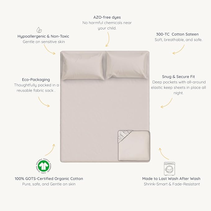 MakeMake Organics Organic Queen Fitted Sheet Set GOTS Certified Organic Cotton Fitted Sheet with 2 Pillowcase Ultra Soft Non Toxic Breathable Hypoallergenic Colorful Neutral (Queen, Solid Taupe)