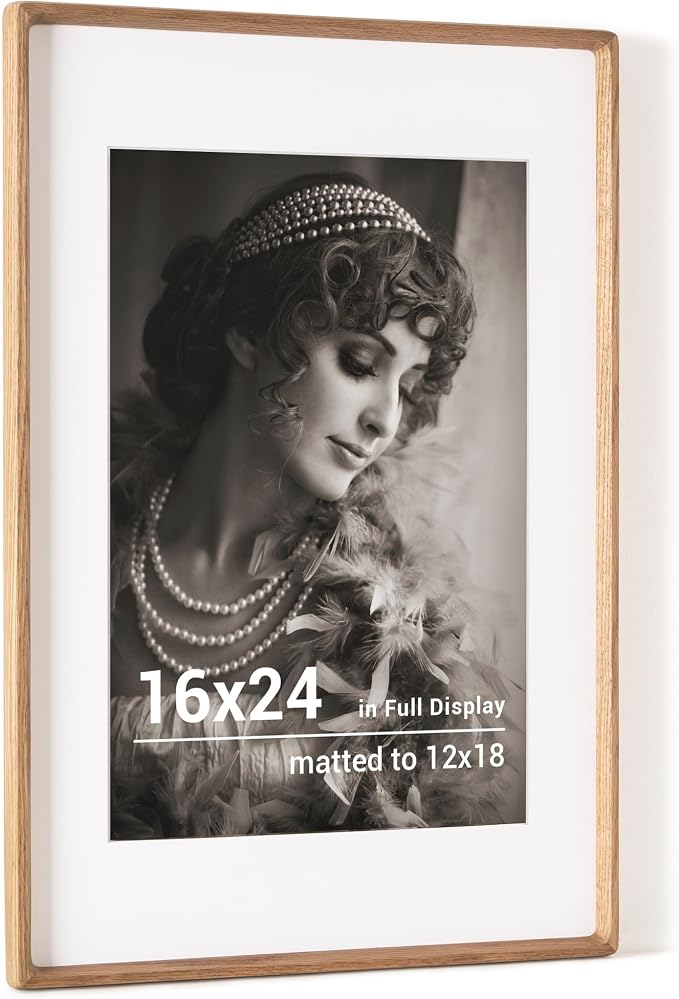 16x24 Poster Frame, USA-Sourced Oak Wood Picture Frame with HD Tempered Glass, Handcrafted Rounded Corner 16 x 24 Wooden Frames Matted to 12x18 Photos, Horizontal or Vertical Wall Display