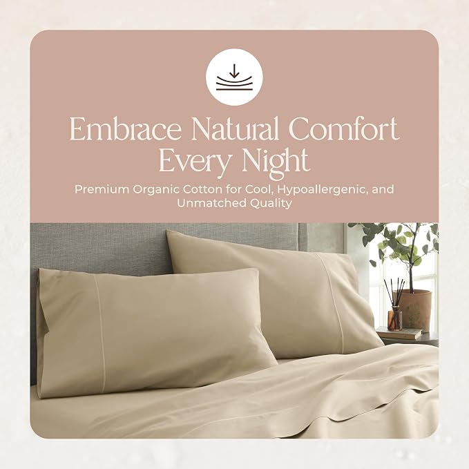 Organic King Fitted Sheet Only Deep Pocket - 100% Organic Cotton Sheets with Breathable 300 Thread Count Sateen Weave GOTS & Fairtrade Certified - Soft Fitted Bed Sheets Only (Dune, King)