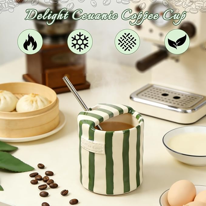 Ceramic Travel Mug with Hole, 10oz Hand Painted Striped Coffee Mug, Novelty Ceramic Coffee Cups, Dishwasher, Microwave Safe, Perfect Present for Coffee Lovers (Green)