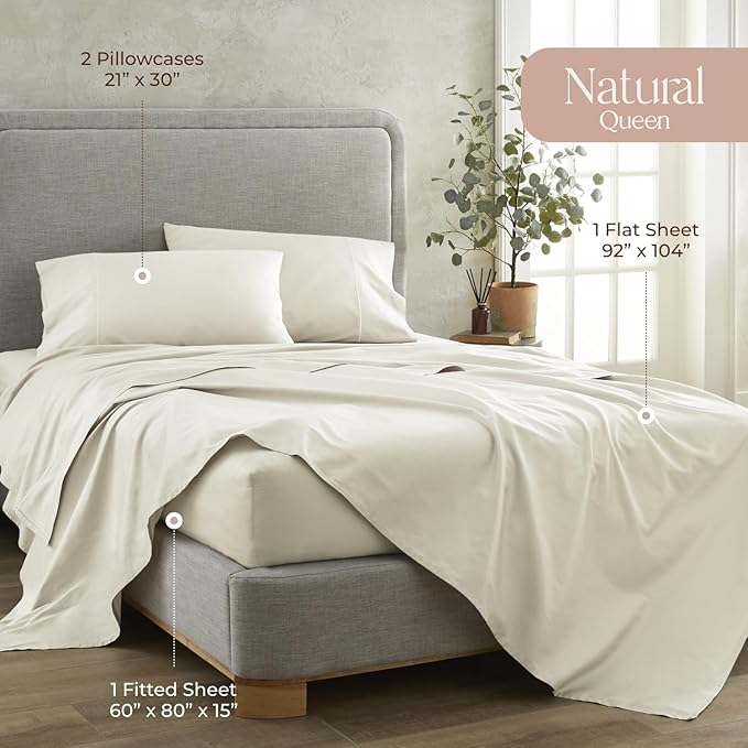 Whisper Organics, 100% Organic Cotton Sheets - 300 Thread Count Bed Sheets Set - Premium Quality Sheets - Deep Pocket Sheet Set - GOTS Certified, Natural (Queen Size)