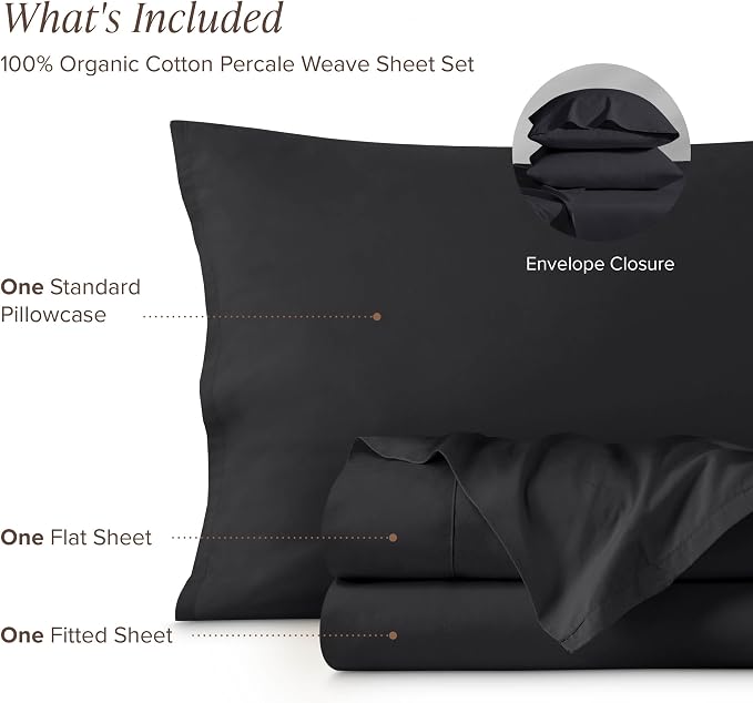 Bare Home 100% Organic Cotton Twin XL Sheet Set - Crisp Percale Weave - Lightweight & Breathable - Bedding Sheets & Pillowcases (Twin XL, Black)