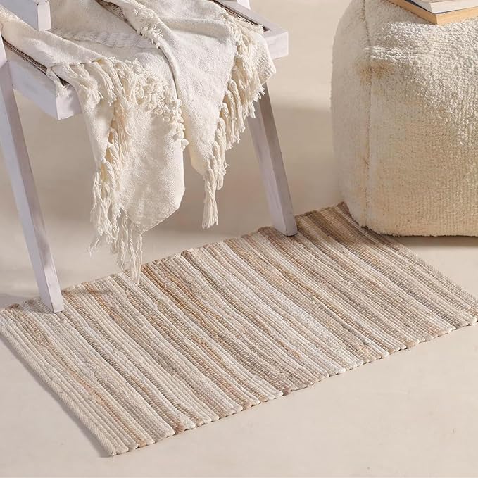 HOMEMONDE Beige Chindi Rug 20"x32" Recycled Soft Cotton Rag Rug Hand Crafted Reversible Boho Decor for Entyrway, Doormat, Kitchen, Bedroom, Living Room