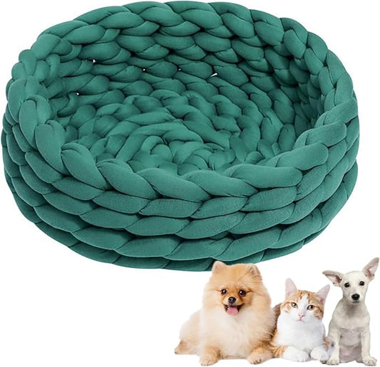 Woven Dog Bed Basket, Knitted Cotton Cat Bed Round Washable Woven Cat Pet Bed Chunky Dog Basket, Orthopedic, Chunky Knit Dog Nest,Dog Bed,Dog Cave,Dog Bedding(Green 1,17")