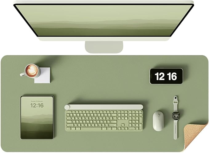 YSAGi Double-Sided Desk Pad, 35.4"x17"Leather Desk Mat, Eco Cork Desk Pad Protector,Large Mouse Pad,Waterproof Desk Blotter for Office/Home(Grayish Green)