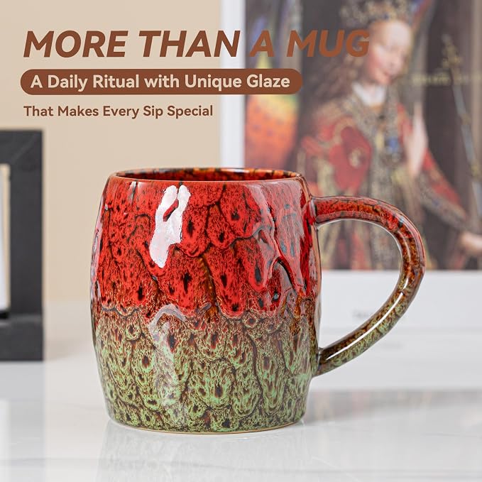 Handmade 22oz Ceramic Coffee Mug, Ergonomic Large Handle, Ideal Gift for Coffee Lovers, Microwave & Dishwasher Safe (Bas-Relief - Red&Green)