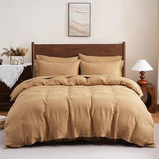 S VICTORY SYMBOL Pure Linen Duvet Cover Set 3pcs,Natural French Washed Flax Solid Color Breathable (1 Duvet Cover and 2 Pillowcases) with Coconut Buttons Closure(Full,Sandy Beige)
