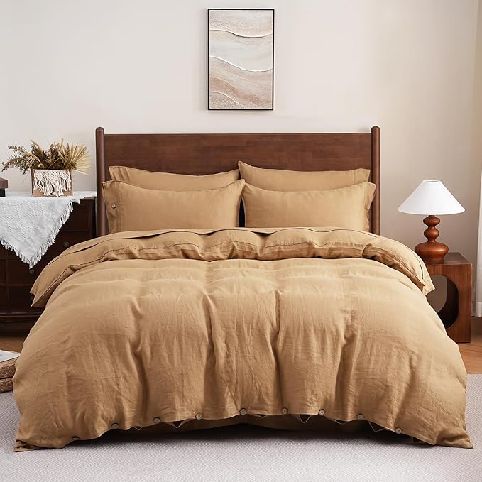 S VICTORY SYMBOL 100% Organic Linen Duvet Cover Set 3pcs Queen Size,Natural French Washed Flax Bedding Set(1 Duvet Cover and 2 Pillowcases) with Coconut Buttons Closure,Sandy Beige