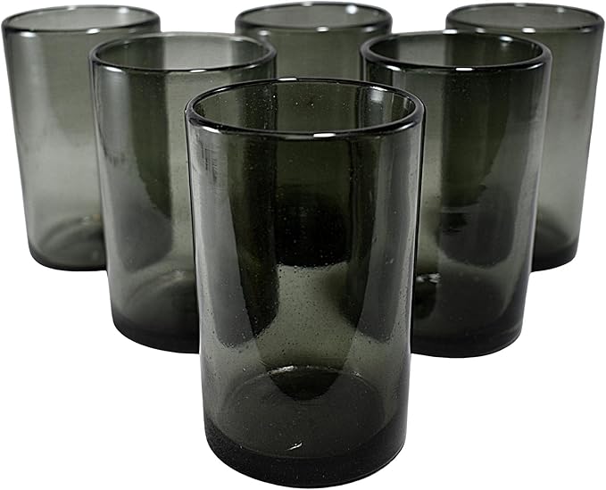 MAREY Hand Blown Drinking Glasses Artisan Crafted from Mexico Set of 6 pieces (Smoke, Water 16 Oz.)