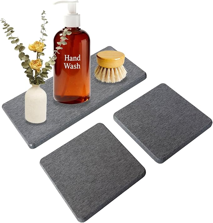 3PCS Water Absorbing Stone Tray, Drying Neat Diatomite Stone Sink Tray, Instant Dry Sink Coasters, Kitchen Sponge Hand Soap Holder, Countertop Fast Drying Counter Trays