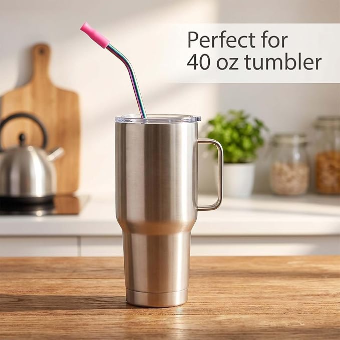 10Pcs Reusable Stainless Steel Metal Straws with 2 Cleaning Brush & 4 Silicone Tips, Long Metal Straws Metal Drinking Straw for 20 oz Tumbler, Tall Wine Bottle (Vibrant)
