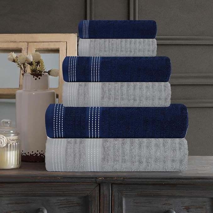 CASA COPENHAGEN Elegance 6Pcs 100% Egyptian Cotton Large Designer Towels Gift Set- Grey Violet-Navy, 550GSM, 2Bath 2Hand 2Washcloths, Bath Towels for Bathroom Set for Women & Men