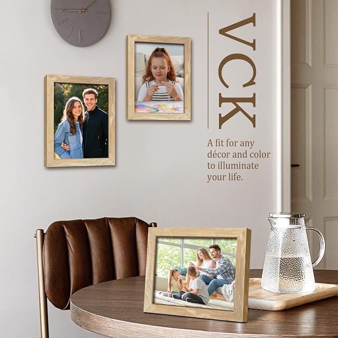 VCK 8.5 by 11 Picture Frame Set of 3, Natural Solid Wood Beige Frame with Exclusive Wood Grain, Tabletop Display & Wall Mounting for Home Deco