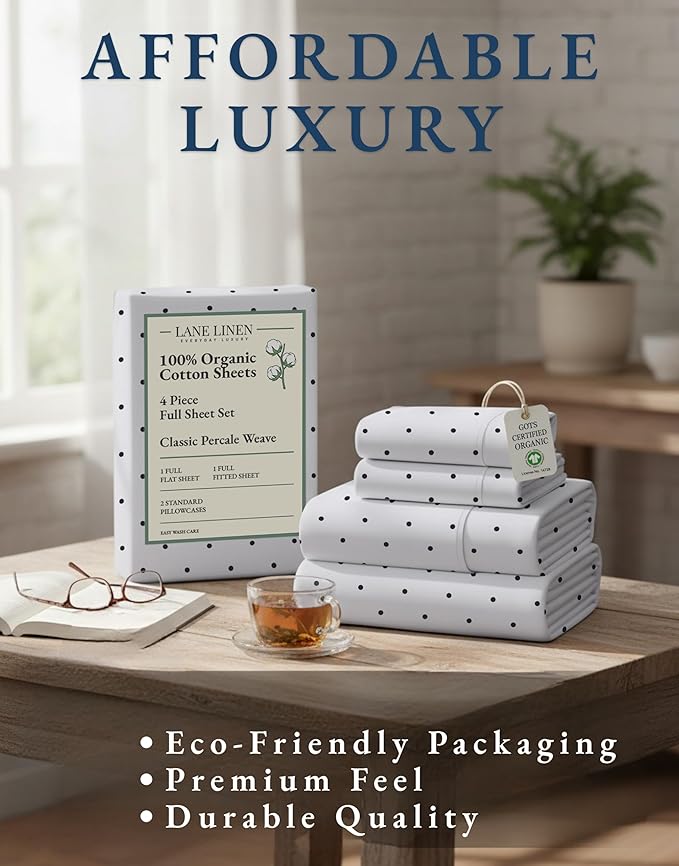 LANE LINEN 100% Organic Cotton Full Sheets Set, Percale Fully Elasticized Mercerized Soft & Comfy Machine Washable Printed Cotton Sheet Set, Eco Friendly Printed Full Size Bedding- Polka Dot