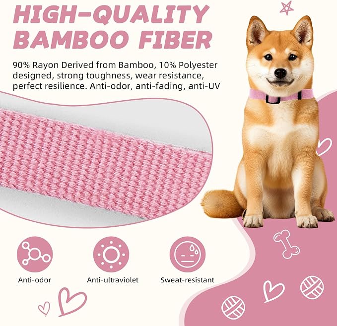 Pink Dog Collar and Leash Set for Medium Size Dog, Breathable, Anti-Odor & Soft, Comfortable for Sensitive Skin Puppies, 90% Bamboo Rayon, Adjustable Quick-Release Buckle Pet Collar for Medium Breeds