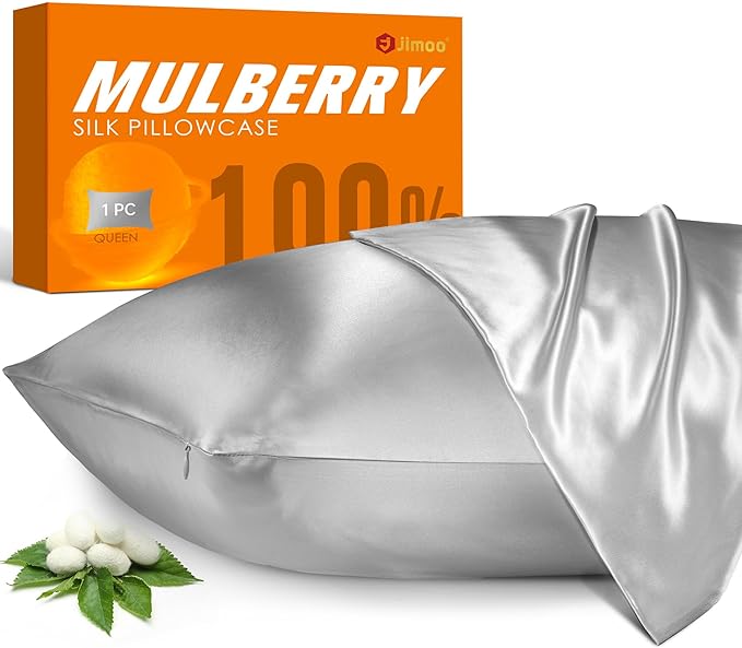 100% Mulberry Silk Pillowcase for Hair and Skin, 22 Momme Pure Natural Silk Pillow Case Both Sided with Zipper, Pillow Cover for Women Mom Men (Silver Grey, Standard 20''×26'', 2 Pack)