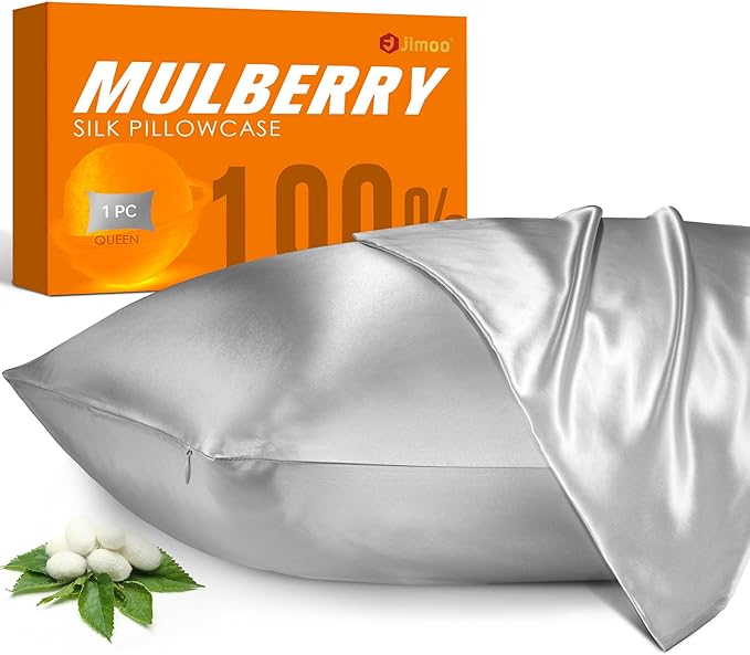 100% Mulberry Silk Pillowcase for Hair and Skin, 22 Momme Pure Natural Silk Pillow Case Both Sided with Zipper, Pillow Cover for Women Mom Men(Silver Grey, Queen 20''×30'', 1 Pack)