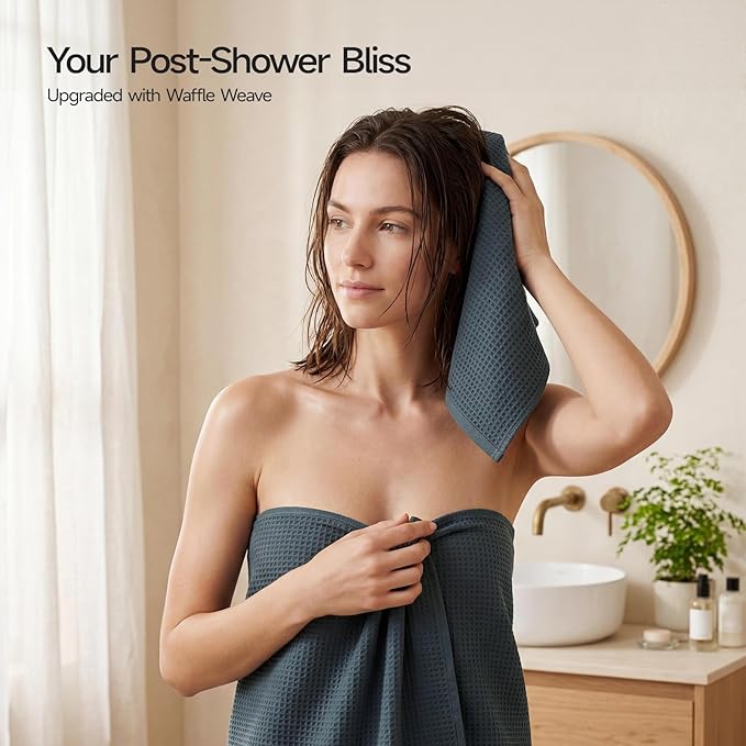 ecolook 4 Pack Waffle Bath Towel Set, 100% Cotton Lightweight & Quick-Dry Bath Towels, Ultra-Absorbent and Breathable, Lint-Free Hotel & Spa Towels for the Bathroom, Gym, and Travel - Gray