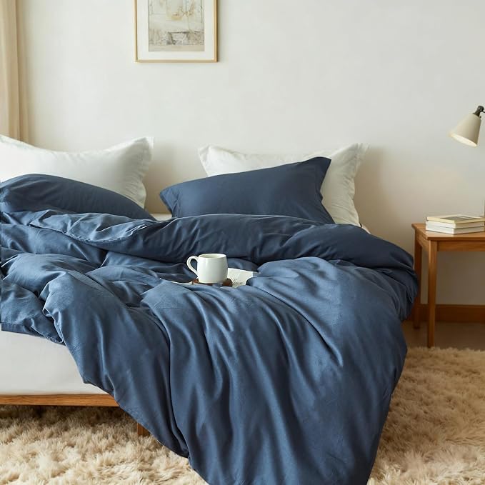 Simple&Opulence French Linen Duvet Cover Set 68" x 86"- 2 Pieces (1 Comforter Cover,1 Pillowcase)- Natural Flax Cotton Blend-Solid Color Breathable Farmhouse Bedding-Navy Blue, Twin