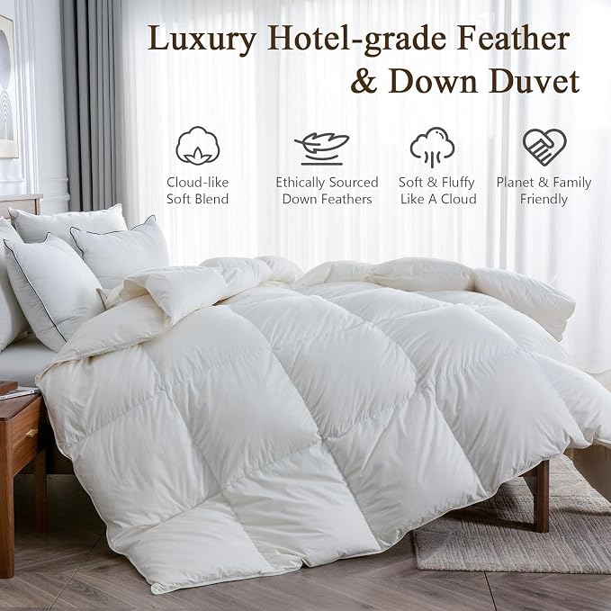BPC Lightweight Goose Feather Down Fiber Comforter Queen Size, Ultra-Soft Cotton Blend Cover, 750 FP Cloudy-Fluffy Duvet Insert for Hot Sleepers, White, 90x90 Inches