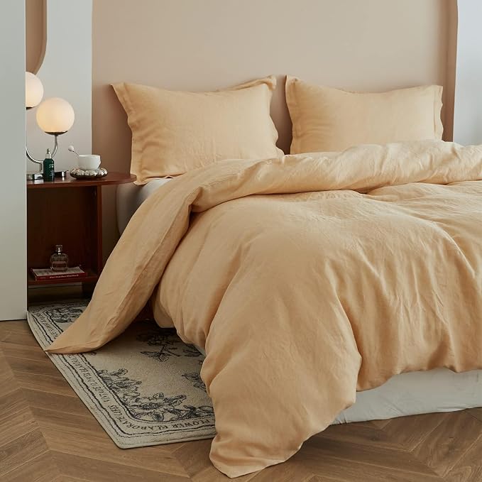 Simple&Opulence 100% Linen Duvet Cover Set, Natural French Flax Sand Duvet Cover Twin Size, Breathable Soft Comfy Linen Bedding Comforter Cover with 1 Pillowcase(Sand, 68"x86")