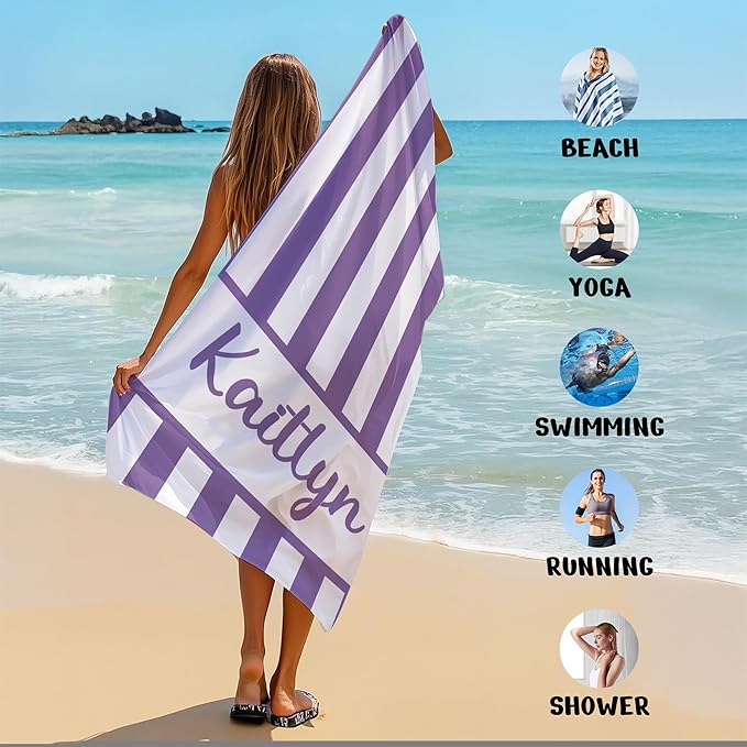 JML Personalized Beach Towel with Name, Custom Cabana Stripe Beach Towel, Customized Microfiber Pool Towel, Quick Dry & Absorbent Swim Towel for Adult,Anniversary, Birthday, Summer Holiday,Vacation