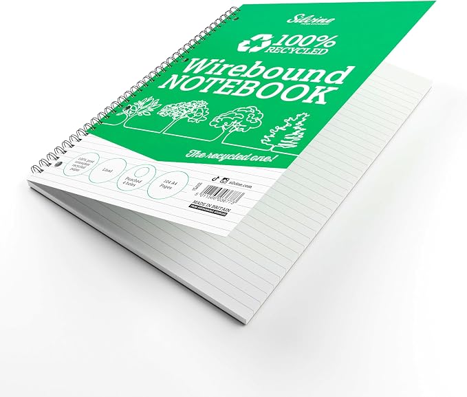Silvine Everyday Notebook Recycled Wirebound Punched Ruled 104pp 70gsm A4 Ref TWRE80, Pack of 12